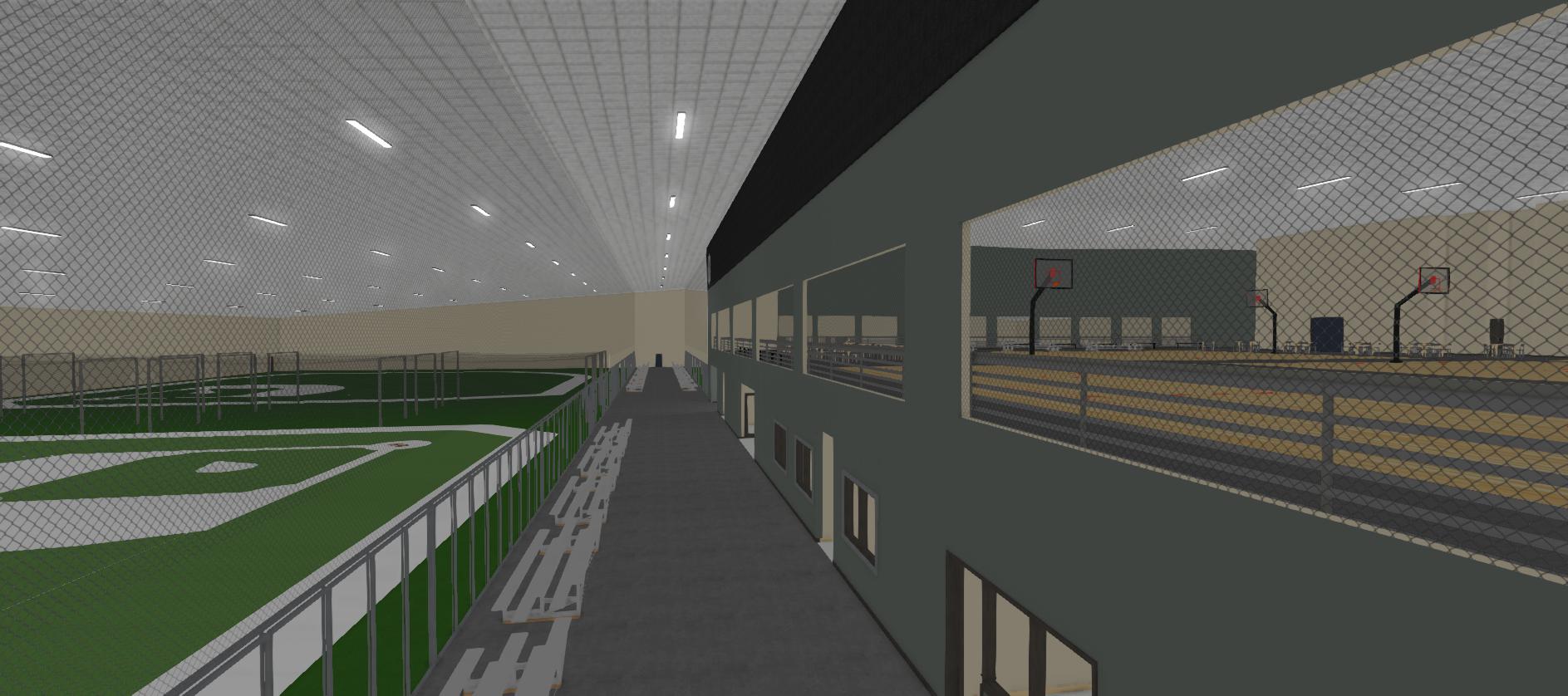 Rendering of an indoor sports facility with turf fields and basketball courts