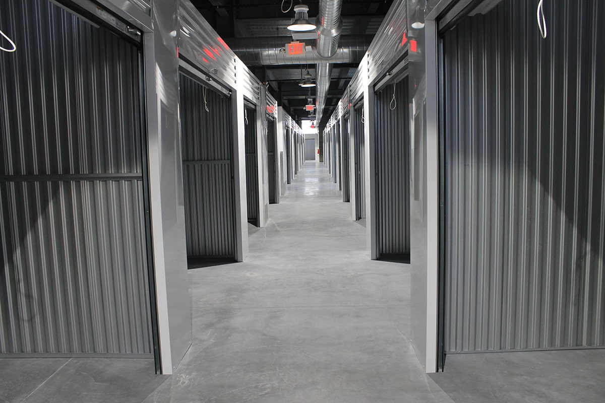 Interior hallway of a storage facility with individual storage units